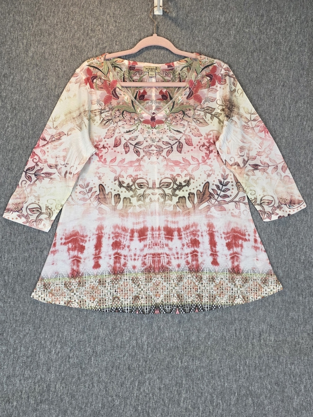 One World Floral Tie-Dye V-Neck Tunic Top in Coral and Cream Wmn's Lg